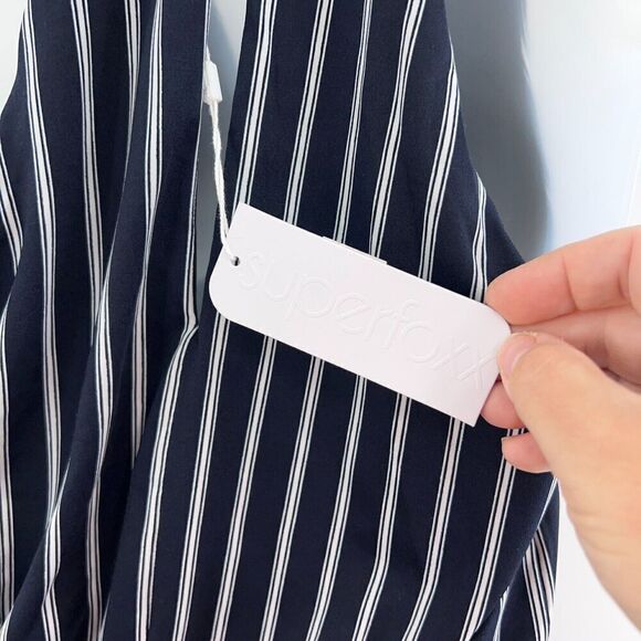 SuperFoxx Striped Navy White Halter Jumpsuit Women's Size XS Stretchy - Picture 2 of 16